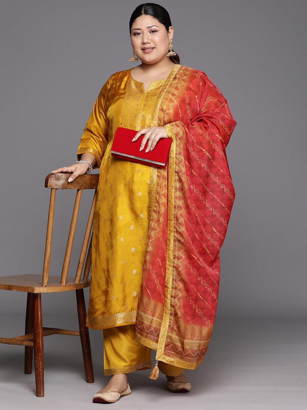 Plus Size Mustard Woven Design Silk Blend Straight Suit Set - Libas 