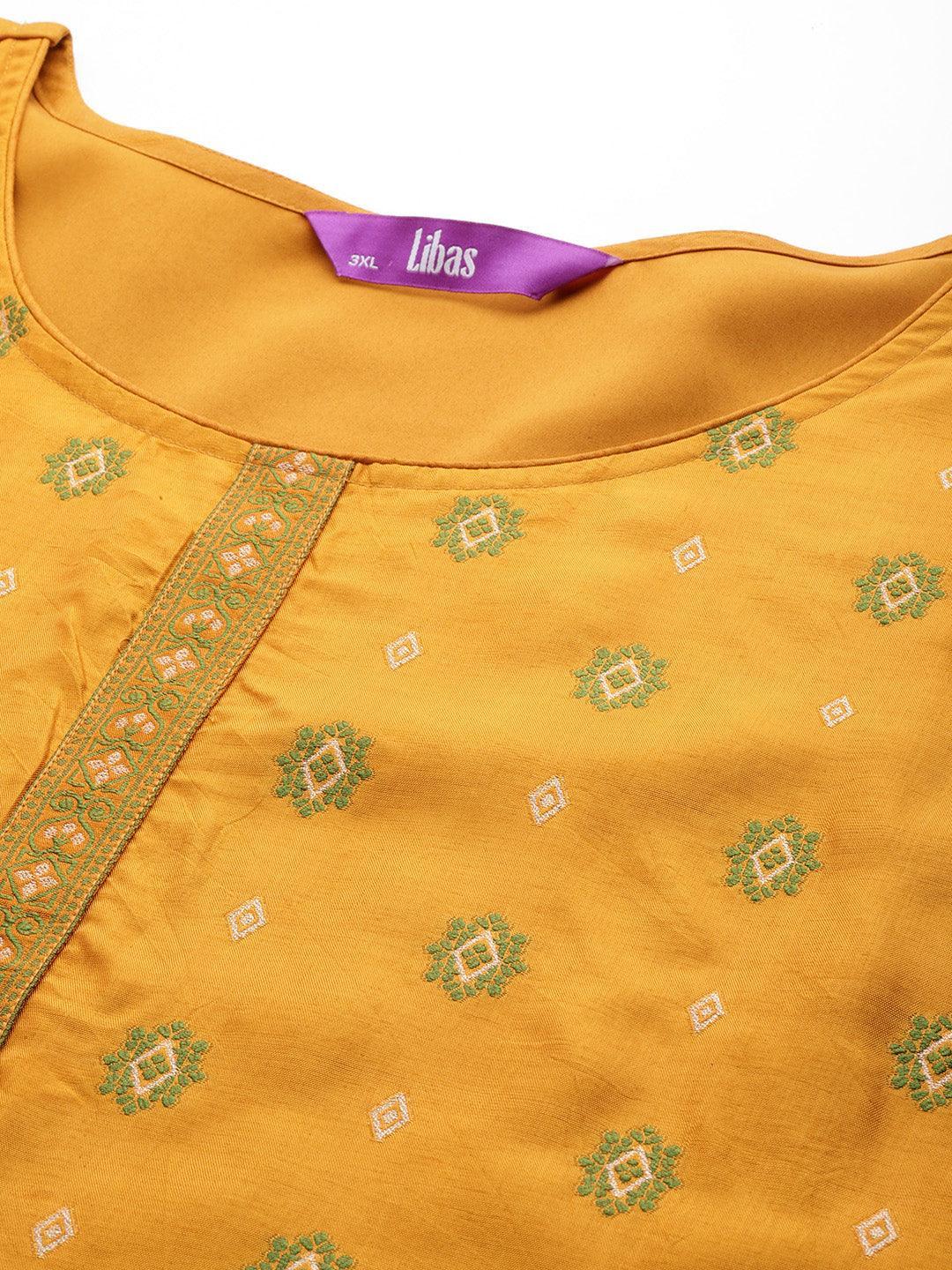 Plus Size Mustard Woven Design Silk Blend Straight Suit Set - Libas 