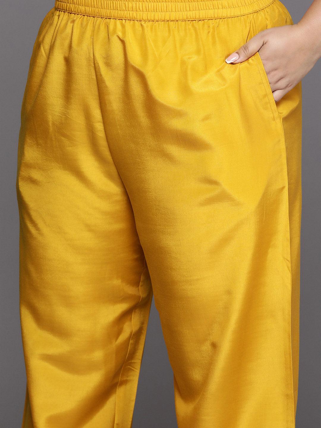 Plus Size Mustard Woven Design Silk Blend Straight Suit Set - Libas 