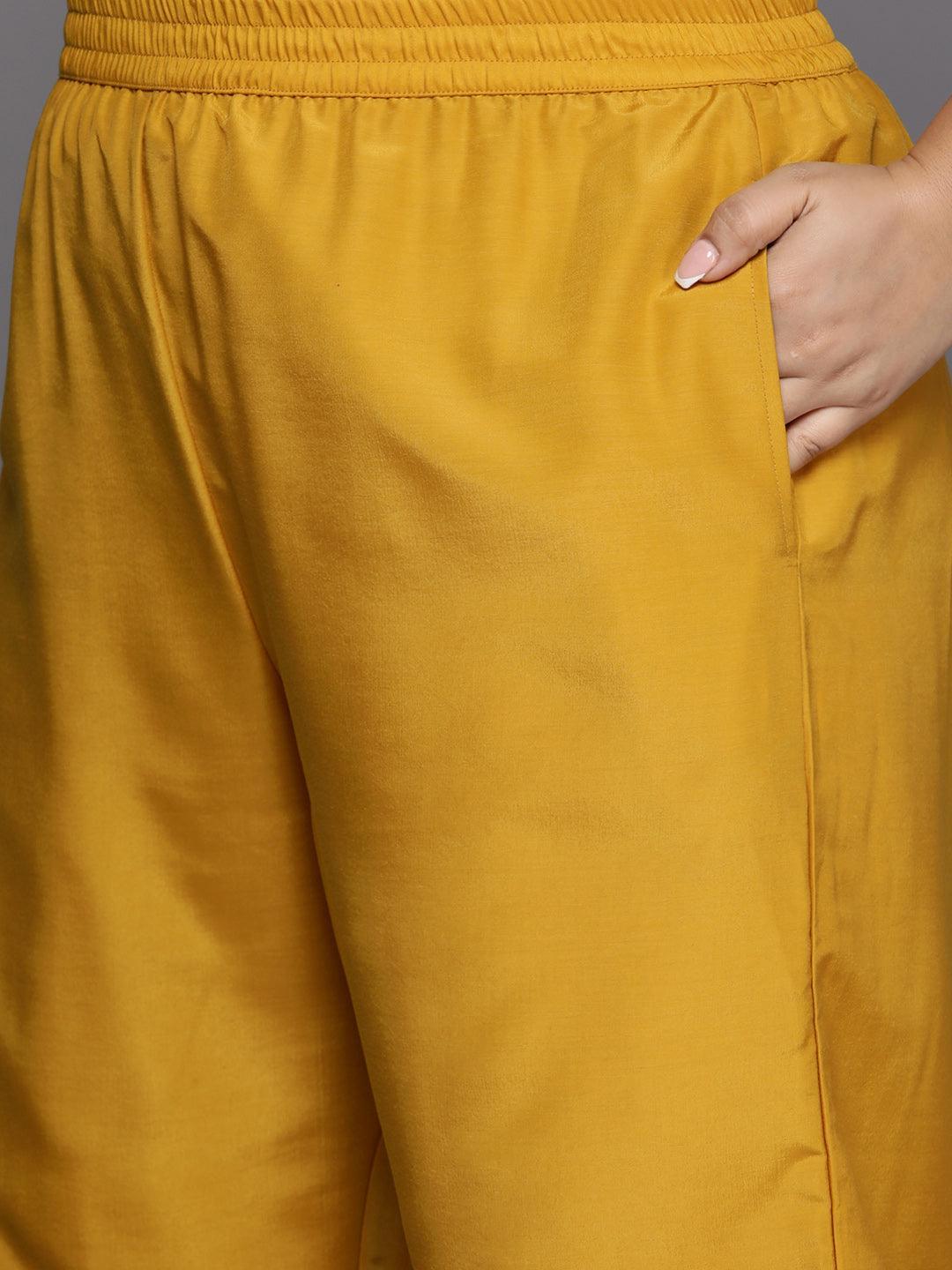 Plus Size Mustard Woven Design Silk Blend Straight Suit Set - Libas 