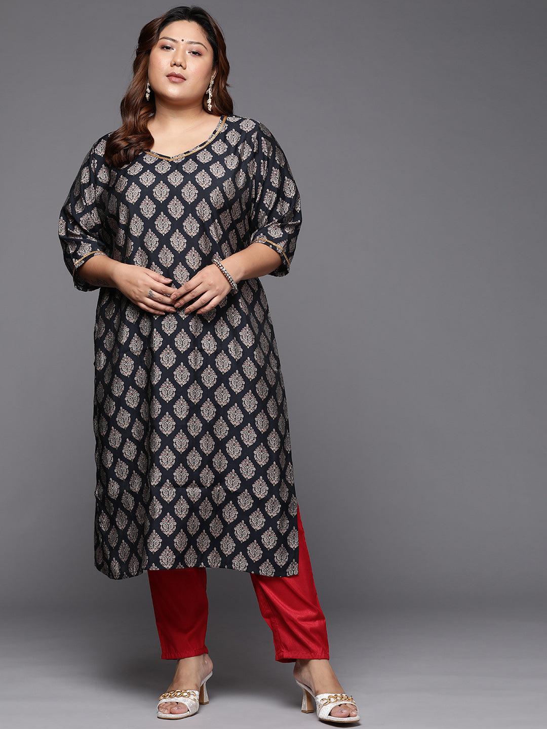 Plus Size Navy Blue Printed Silk Straight Kurta - ShopLibas