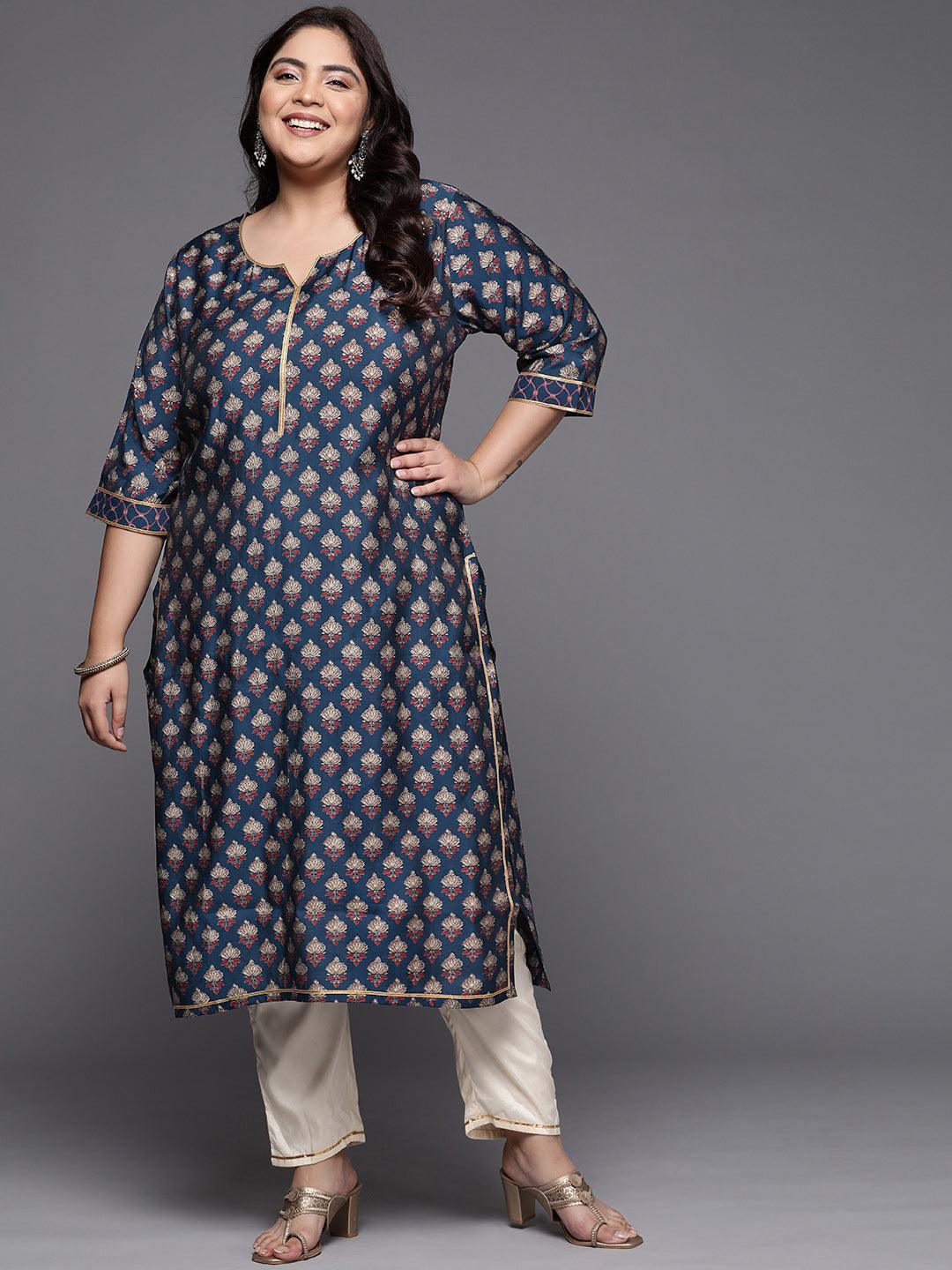 Plus Size Navy Blue Printed Silk Straight Kurta - ShopLibas