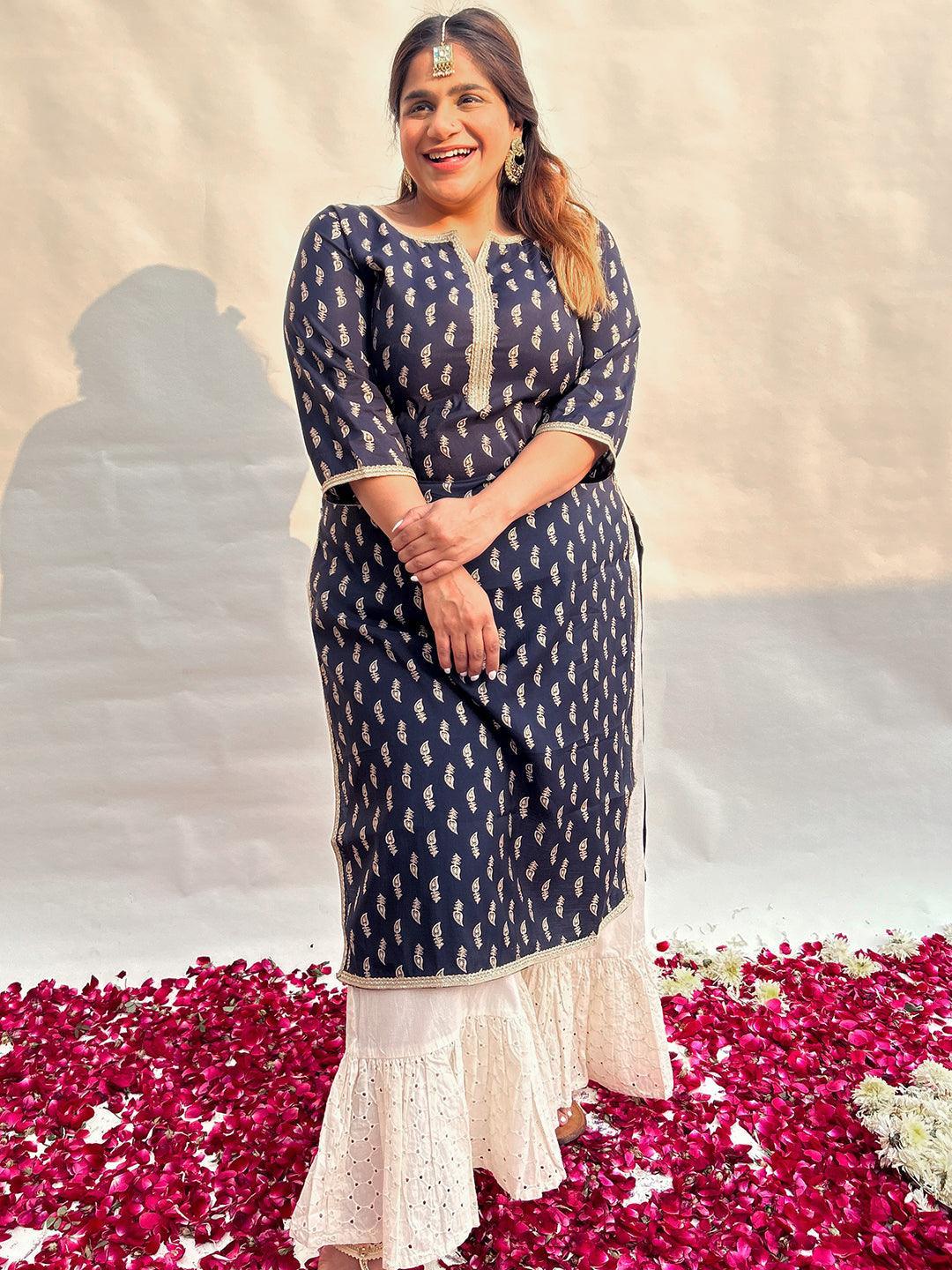 Plus Size Navy Blue Printed Silk Straight Kurta - ShopLibas