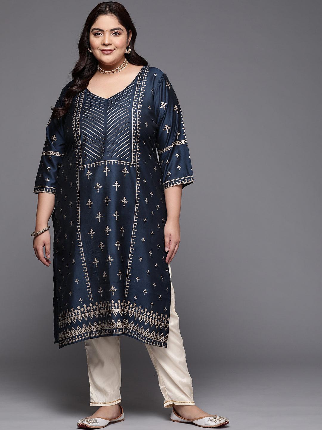 Plus Size Navy Blue Printed Silk Straight Kurta - ShopLibas