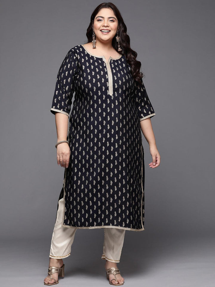 Plus Size Navy Blue Printed Silk Straight Kurta - ShopLibas