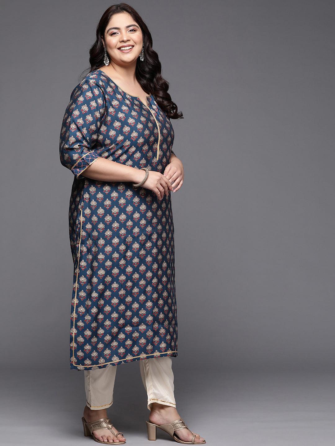 Plus Size Navy Blue Printed Silk Straight Kurta - ShopLibas 