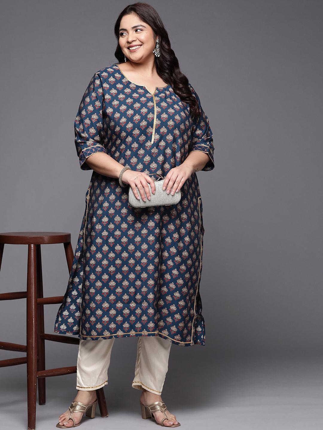 Plus Size Navy Blue Printed Silk Straight Kurta - ShopLibas 