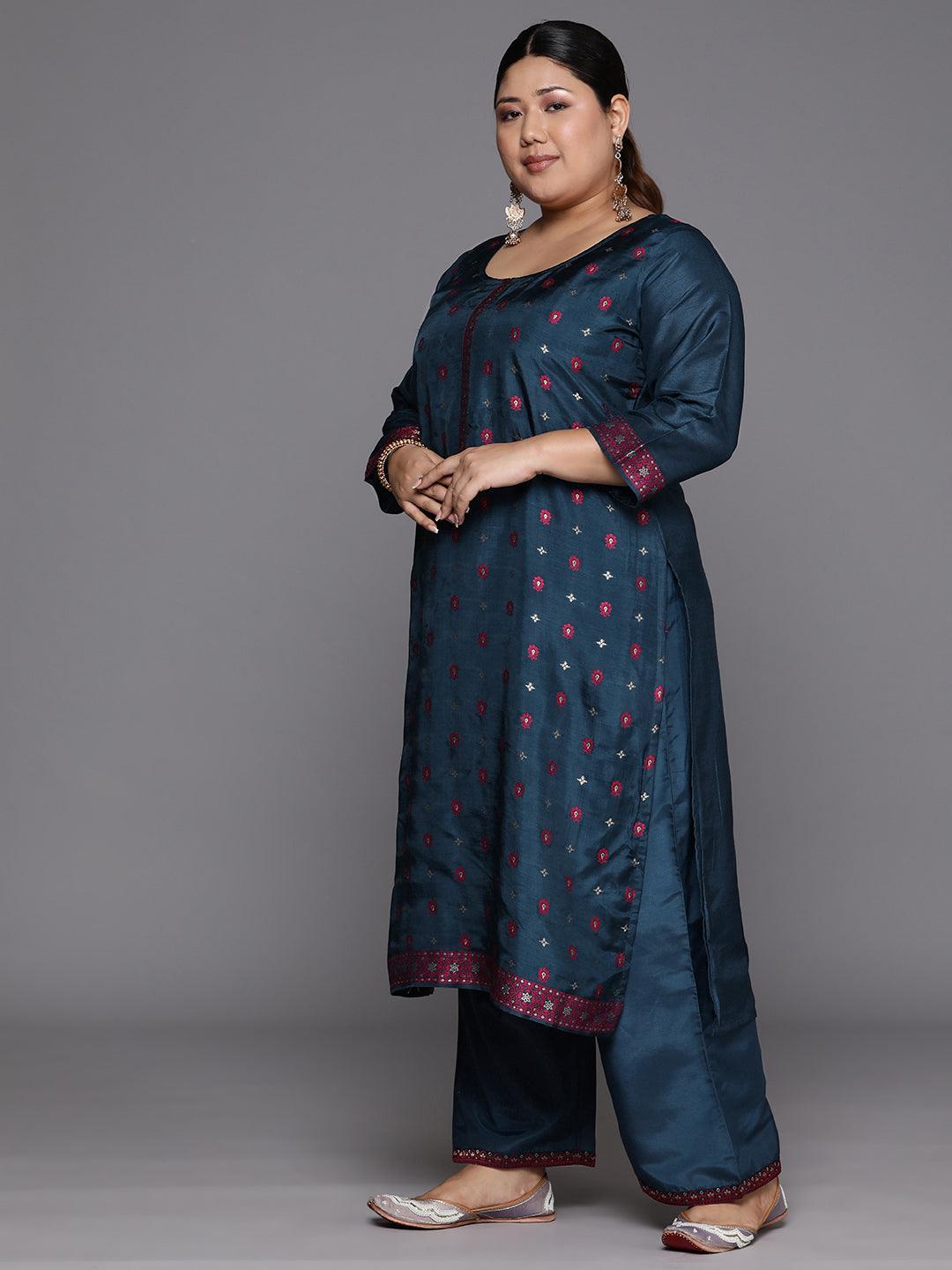 Plus Size Navy Blue Woven Design Silk Blend Straight Suit Set - Libas 