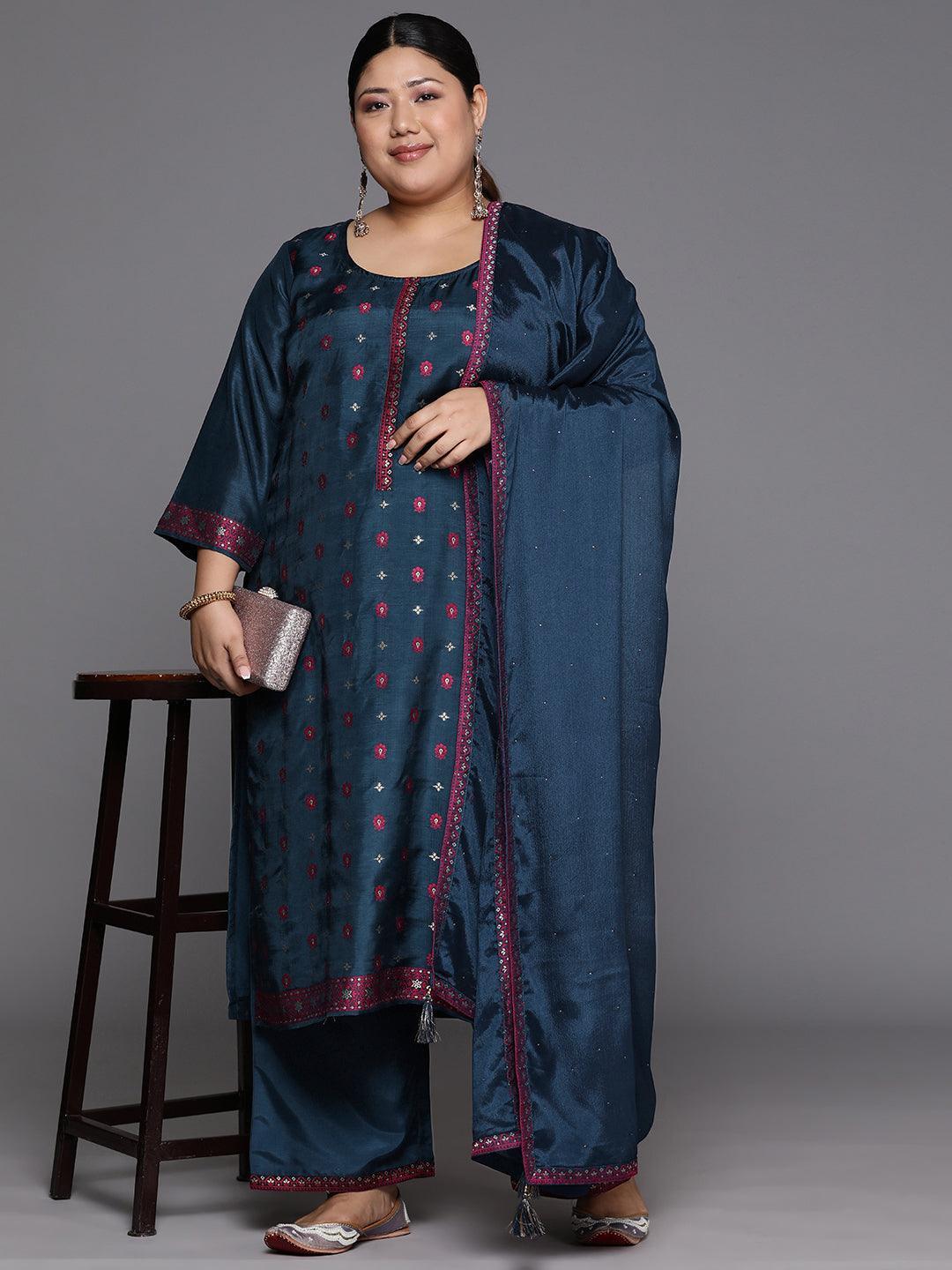 Plus Size Navy Blue Woven Design Silk Blend Straight Suit Set - Libas 