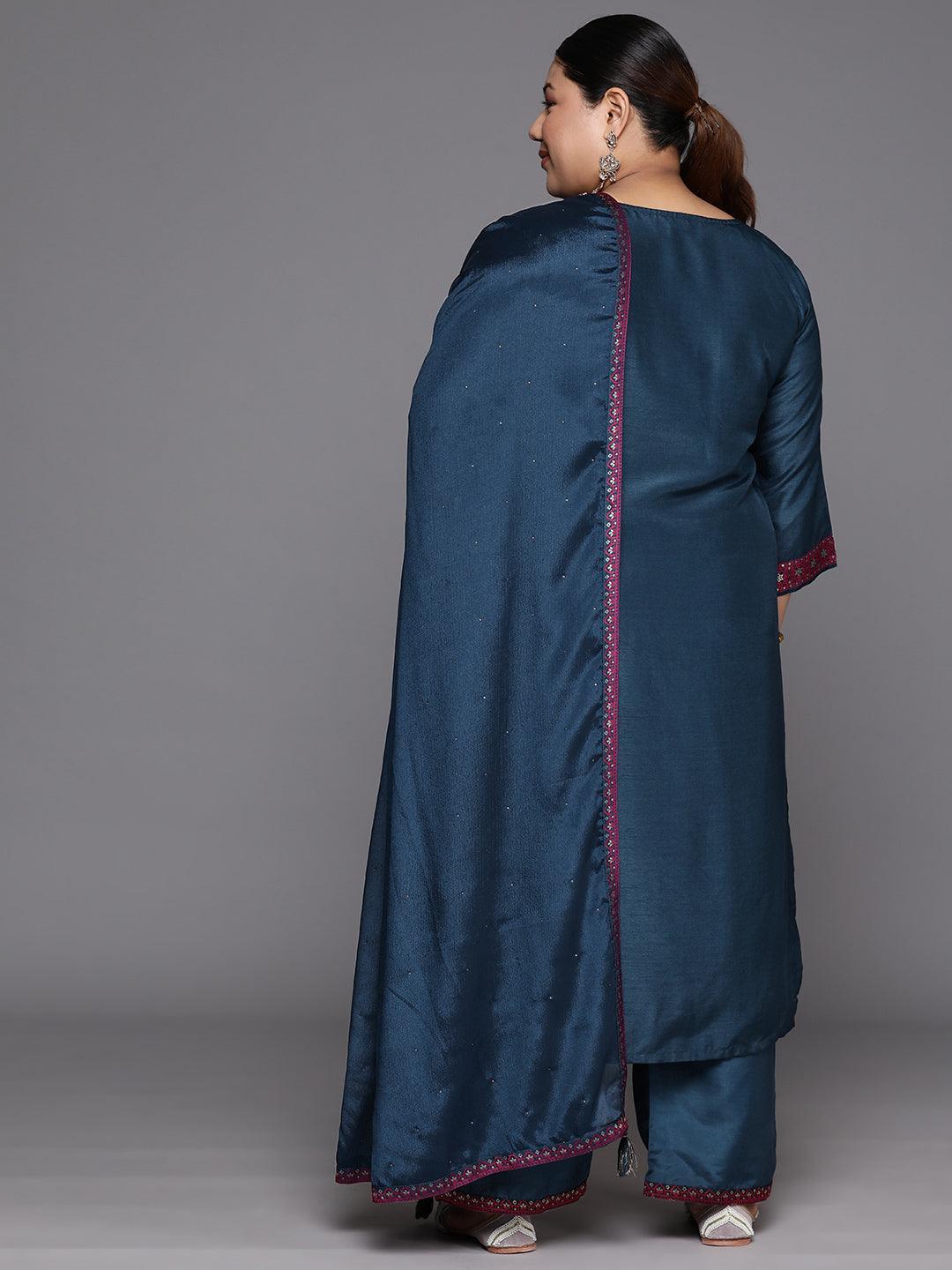 Plus Size Navy Blue Woven Design Silk Blend Straight Suit Set - Libas 