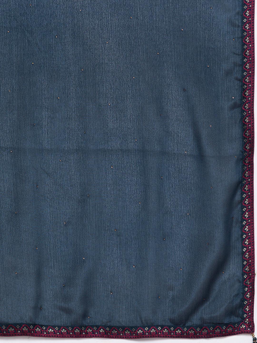 Plus Size Navy Blue Woven Design Silk Blend Straight Suit Set - Libas 