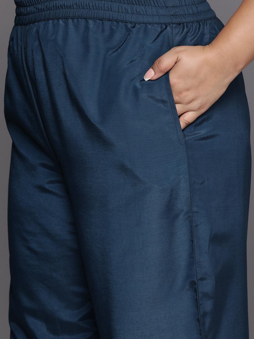 Plus Size Navy Blue Woven Design Silk Blend Straight Suit Set - Libas 