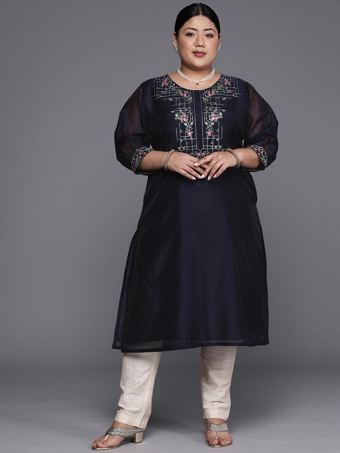 Plus Size Navy Blue Yoke Design Chanderi Cotton Straight Kurta - ShopLibas