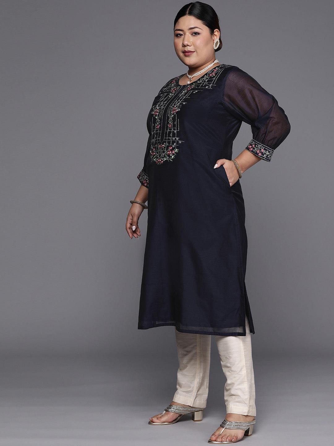 Plus Size Navy Blue Yoke Design Chanderi Cotton Straight Kurta - ShopLibas 
