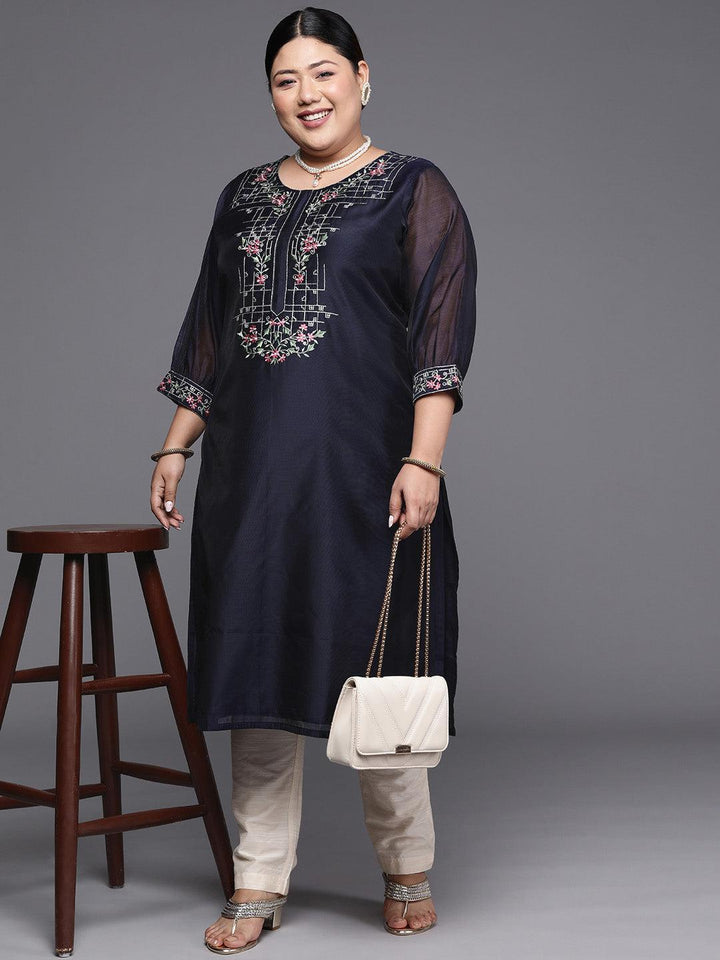 Plus Size Navy Blue Yoke Design Chanderi Cotton Straight Kurta