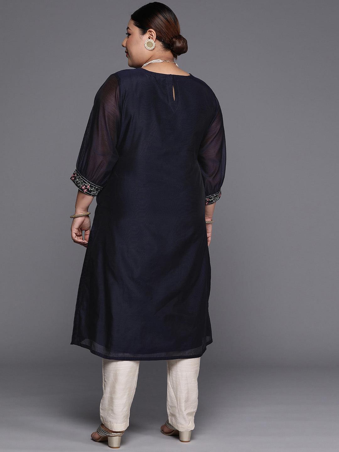 Plus Size Navy Blue Yoke Design Chanderi Cotton Straight Kurta - ShopLibas 