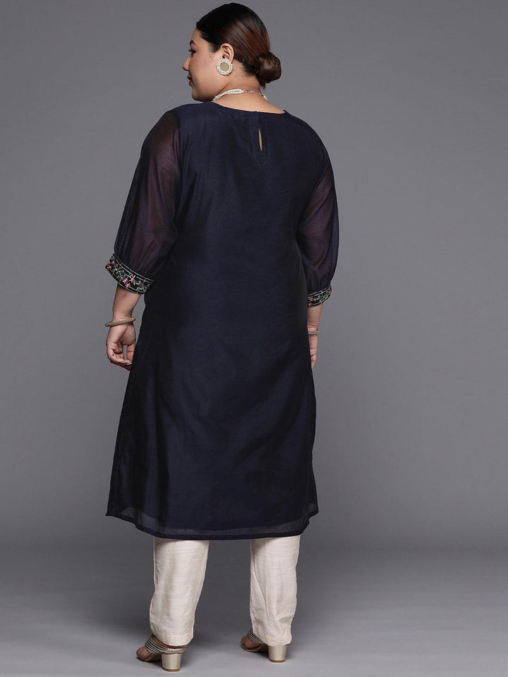 Plus Size Navy Blue Yoke Design Chanderi Cotton Straight Kurta