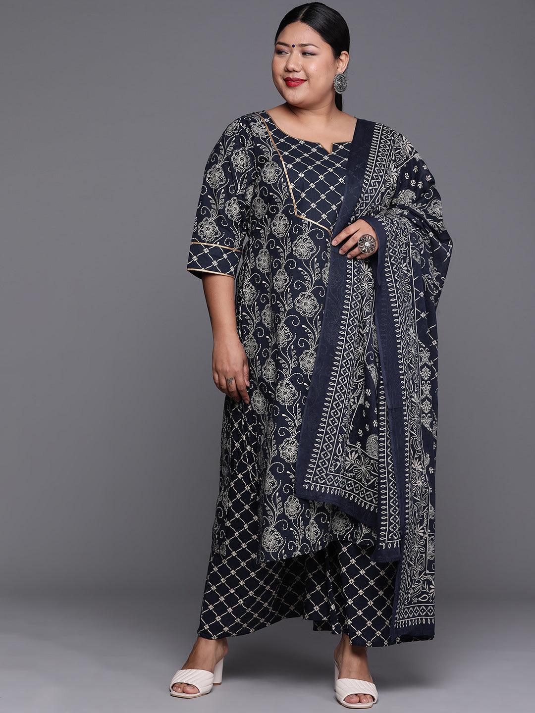 Plus Size Navy Blue Yoke Design Cotton Suit Set - ShopLibas