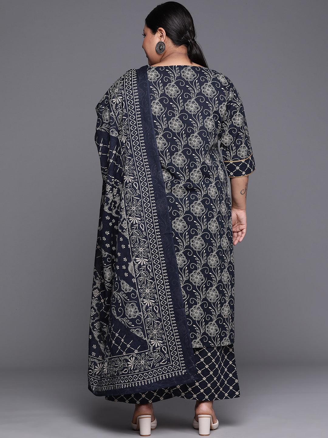Plus Size Navy Blue Yoke Design Cotton Suit Set - ShopLibas 