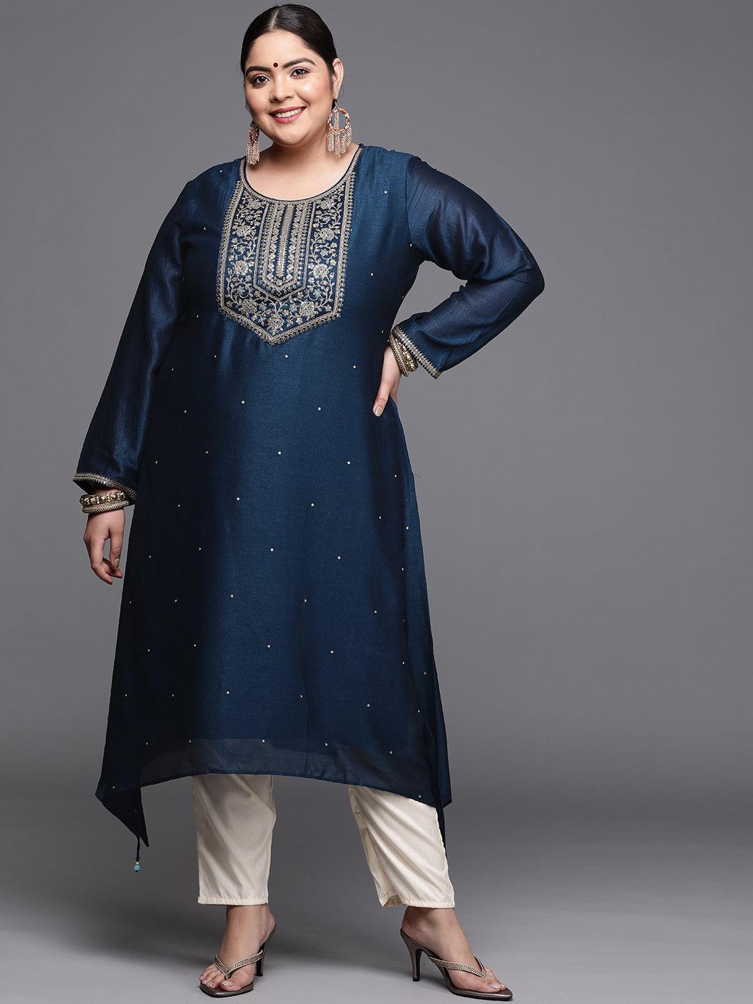 Plus Size Navy Blue Yoke Design Silk Kurta - ShopLibas