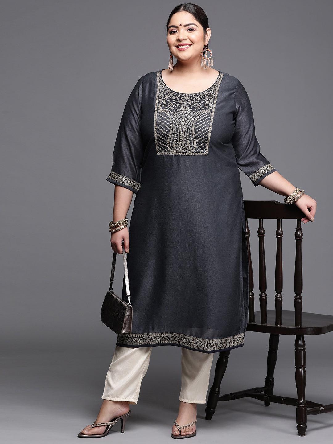 Plus Size Navy Blue Yoke Design Silk Kurta - ShopLibas 
