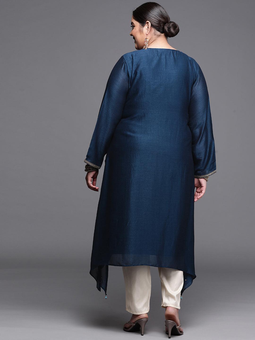 Plus Size Navy Blue Yoke Design Silk Kurta - ShopLibas 