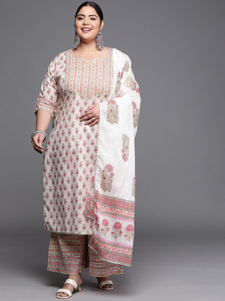 Plus Size Off White Printed Cotton Suit Set - ShopLibas