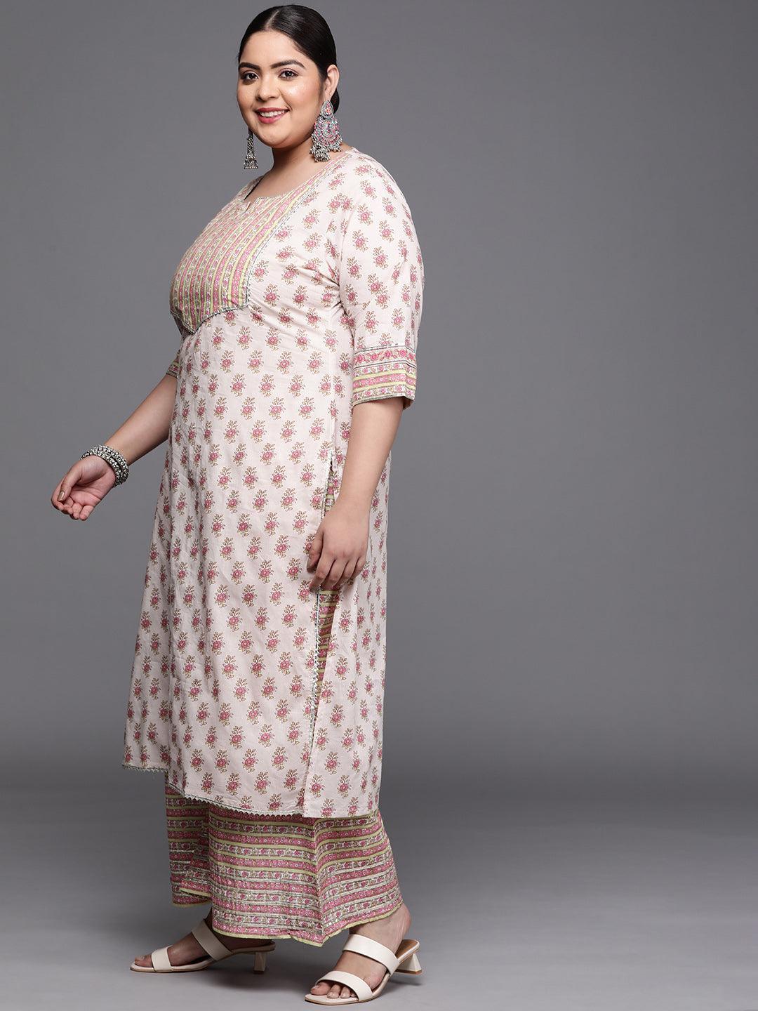 Plus Size Off White Printed Cotton Suit Set - ShopLibas