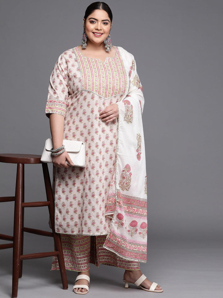 Plus Size Off White Printed Cotton Suit Set - ShopLibas
