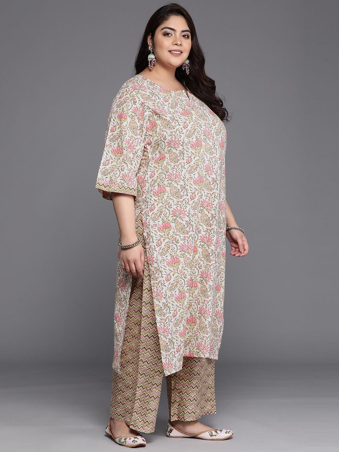 Plus Size Off White Printed Cotton Straight Suit Set - Libas 