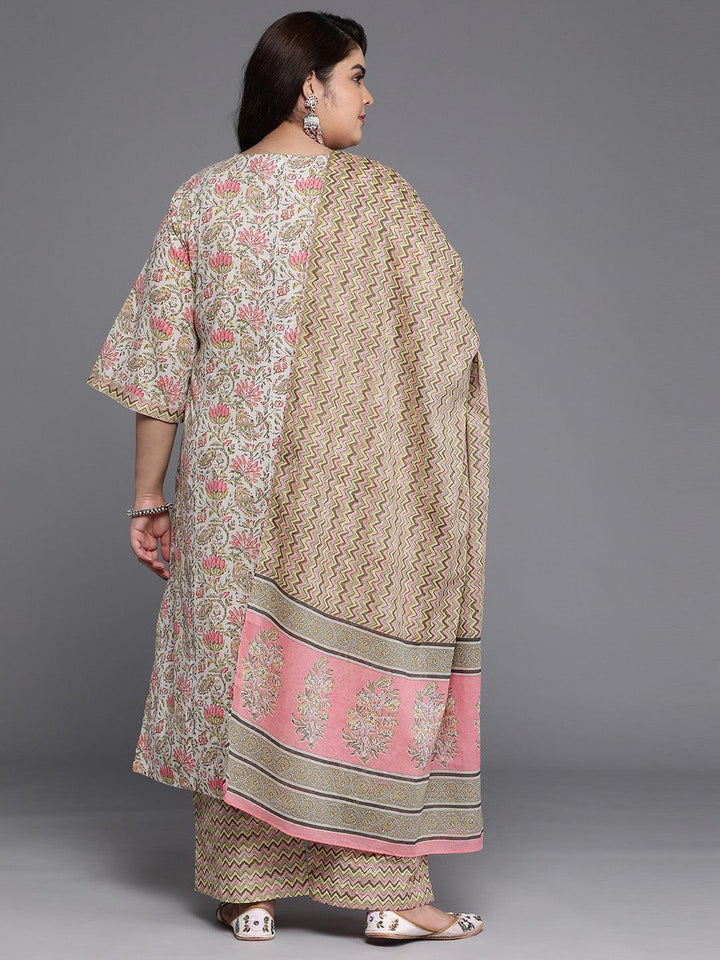 Plus Size Off-White Printed Cotton Straight Kurta With Trousers & Dupatta