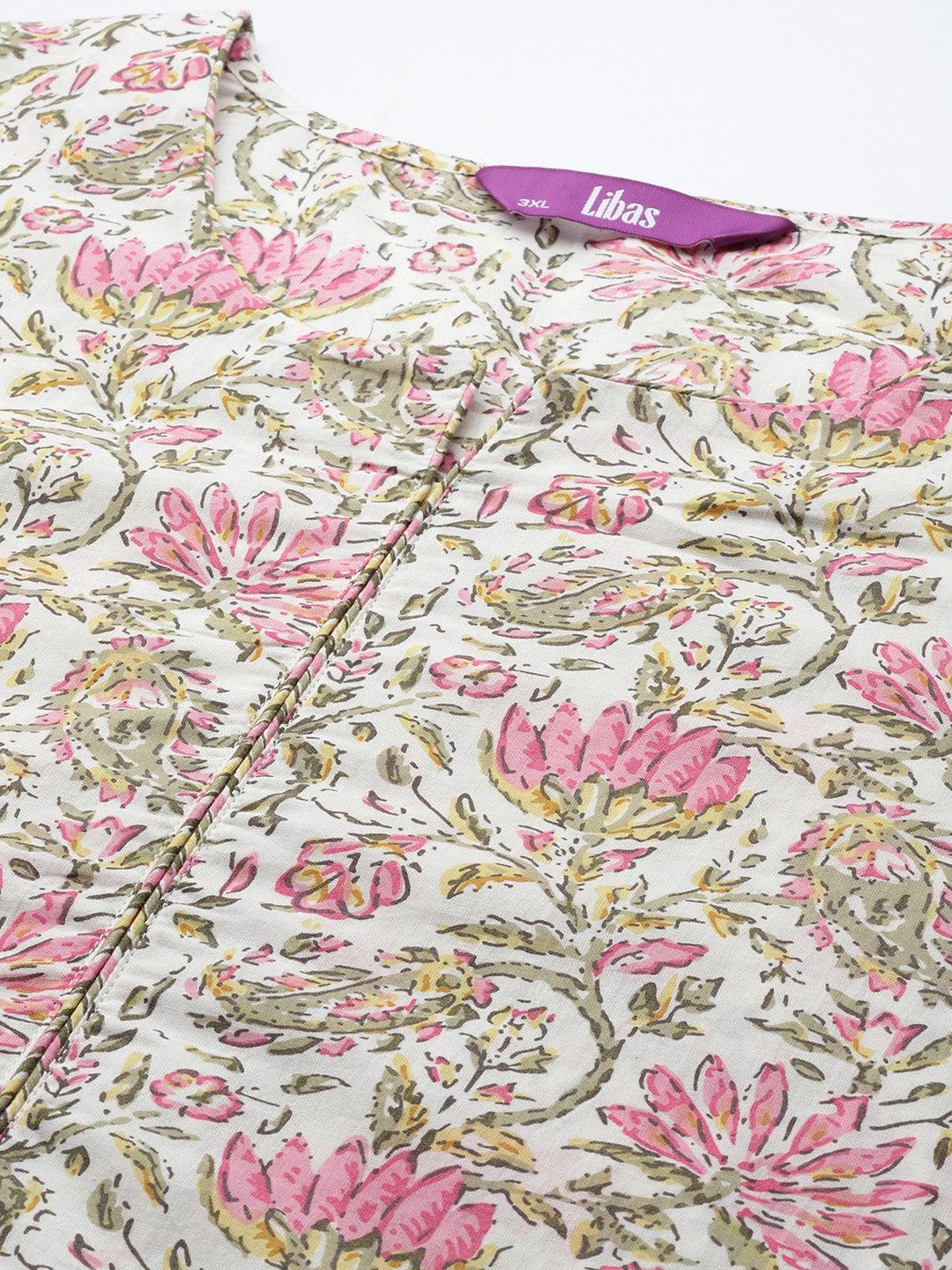 Plus Size Off White Printed Cotton Straight Suit Set - Libas 