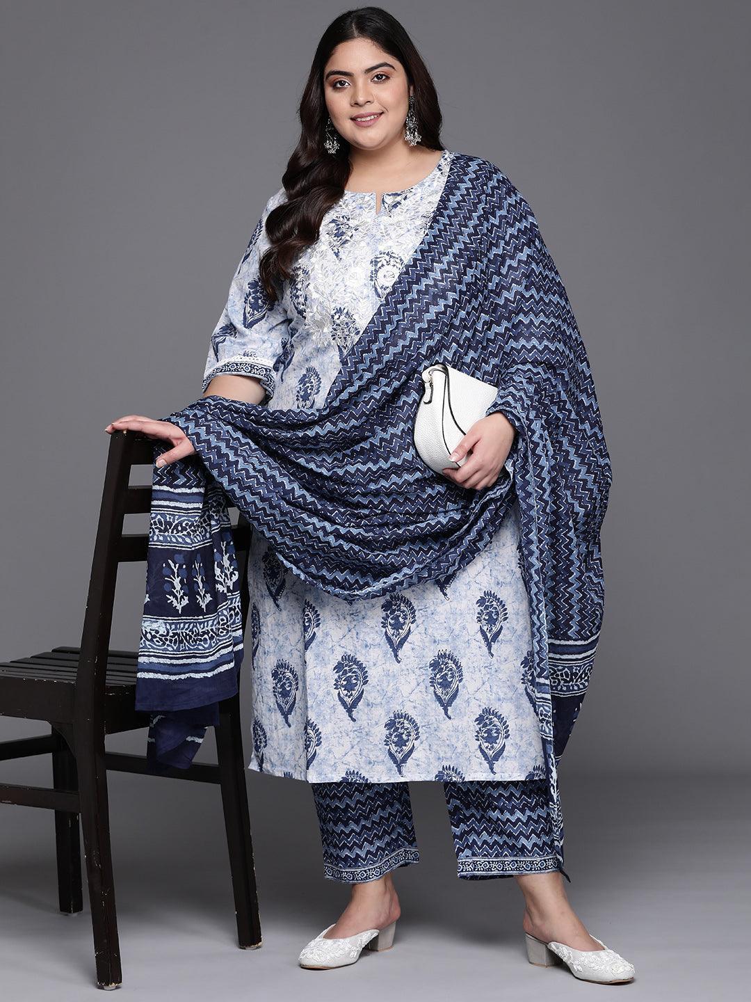 Plus Size White Yoke Design Cotton Suit Set - ShopLibas 