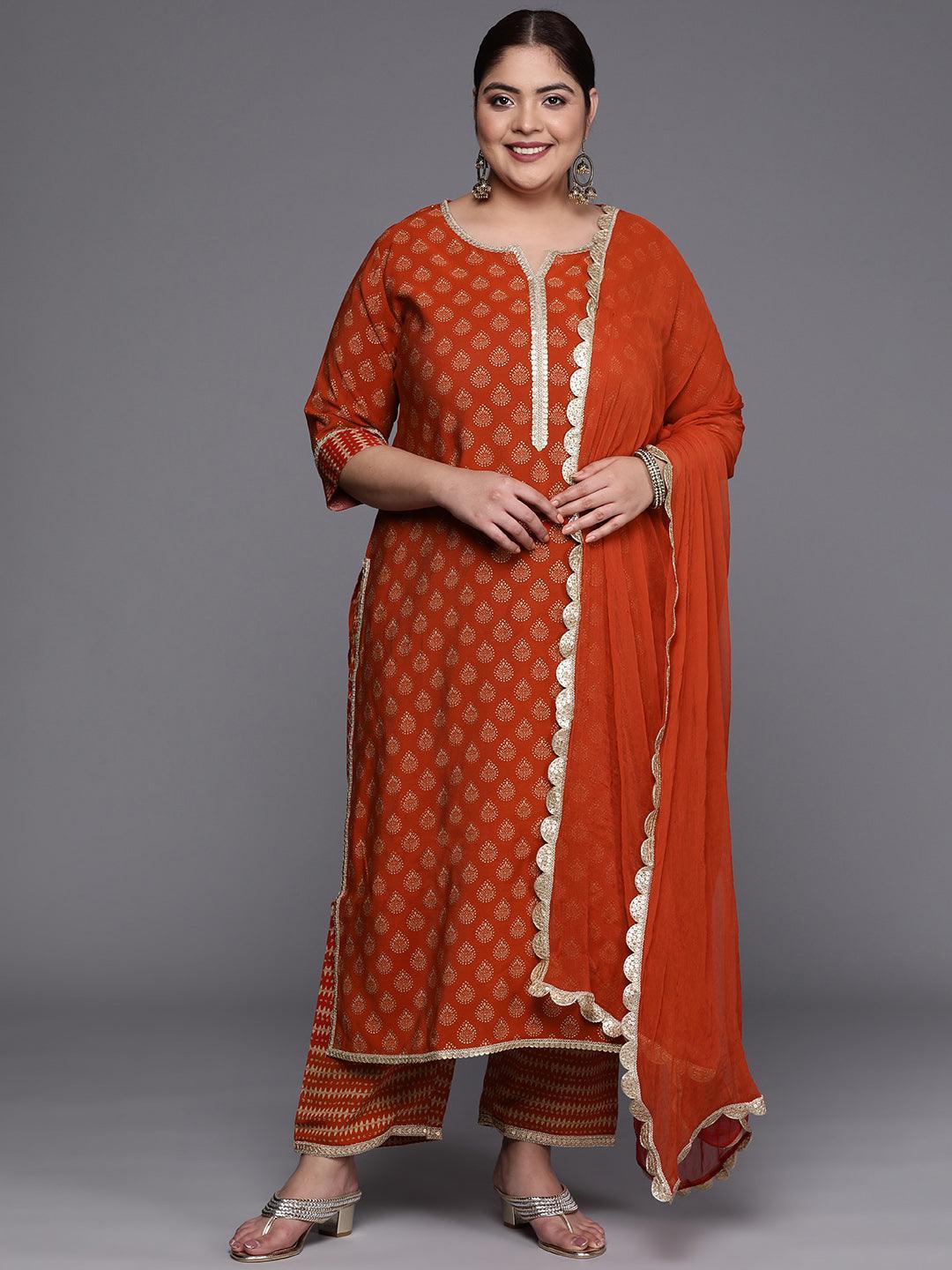 Plus Size Orange Printed Silk Blend Straight Suit Set - ShopLibas