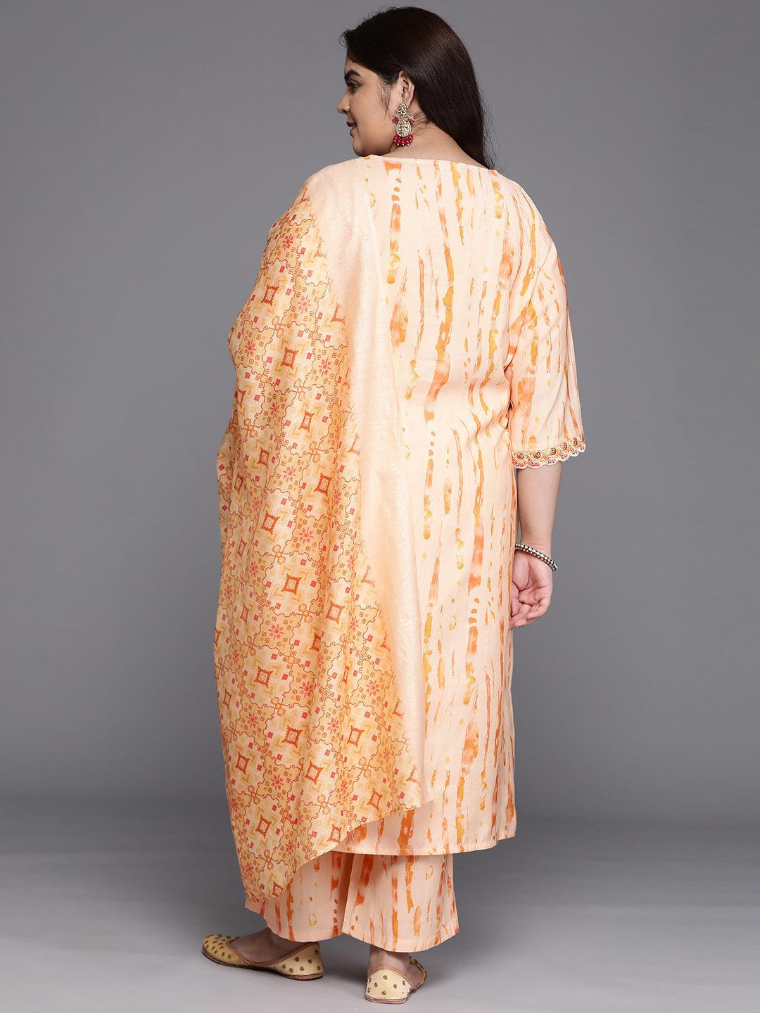Plus Size Orange Printed Silk Blend Straight Suit Set - Libas 