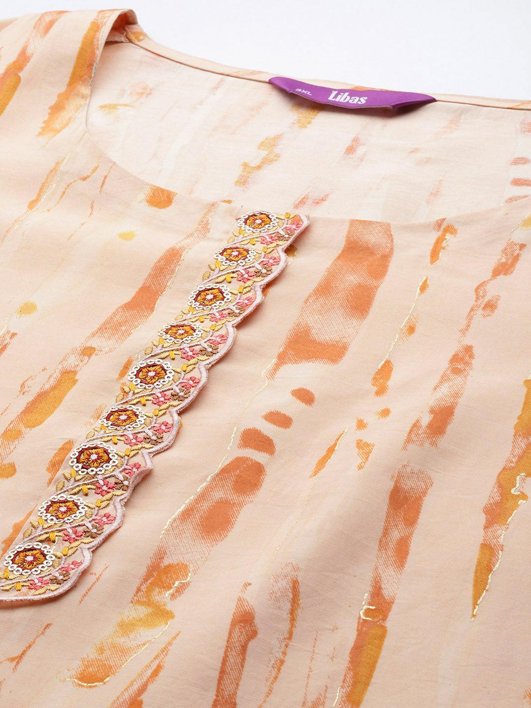 Plus Size Orange Printed Silk Blend Straight Suit Set - Libas 