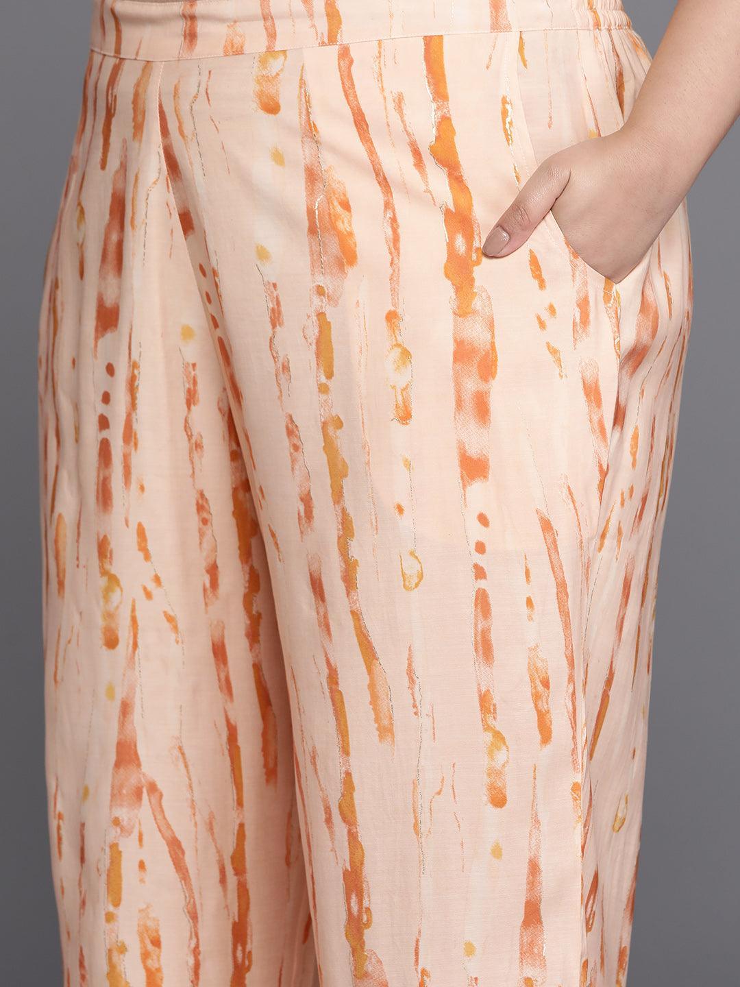 Plus Size Orange Printed Silk Blend Straight Suit Set - Libas 