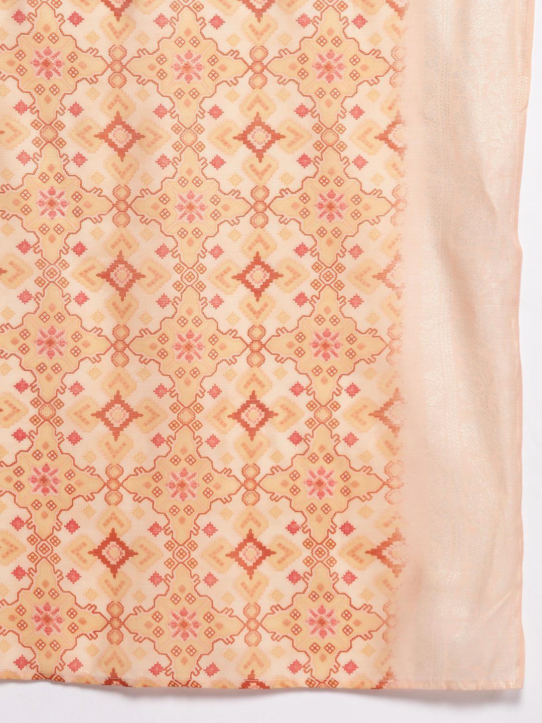 Plus Size Orange Printed Silk Blend Straight Suit Set - Libas 