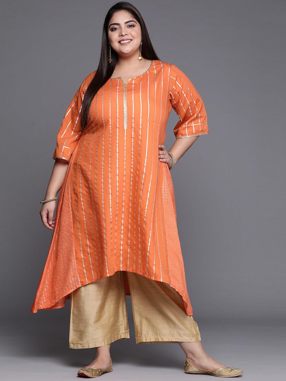 Plus Size Orange Self Design Chanderi Silk A-Line Kurta - ShopLibas
