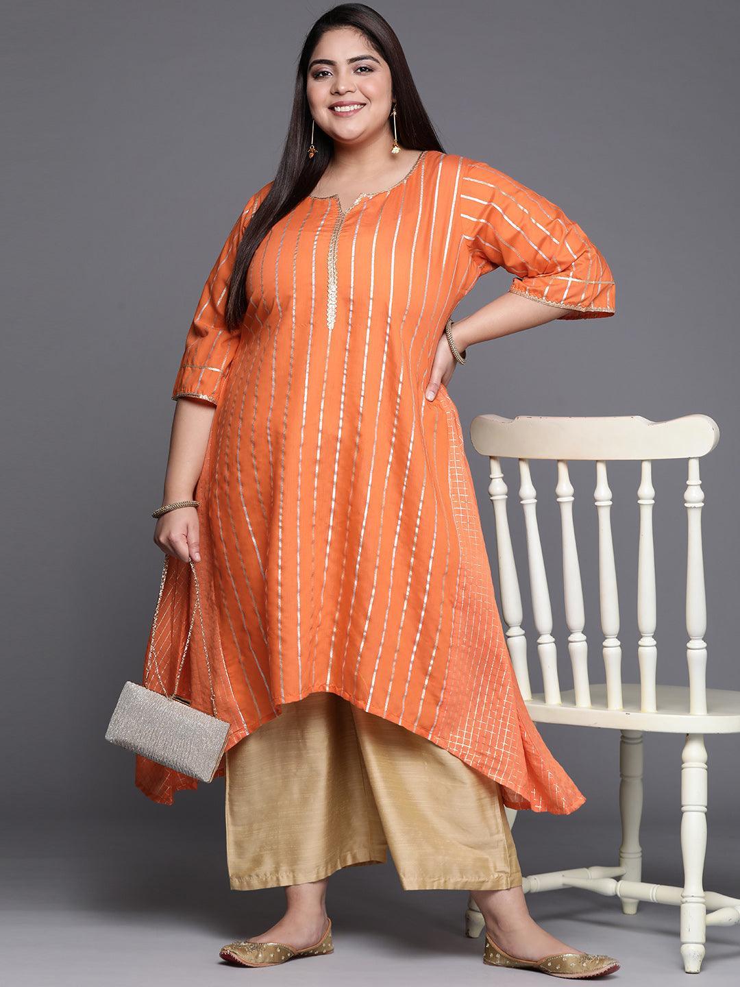 Plus Size Orange Self Design Chanderi Silk A-Line Kurta - ShopLibas 