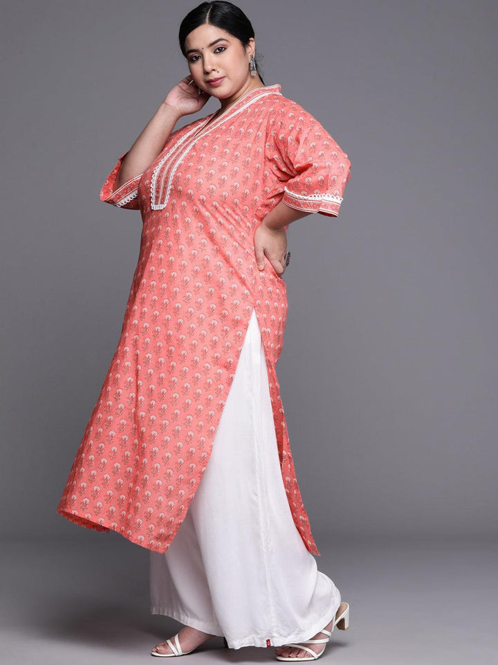 Plus Size Peach Printed Cotton Kurta - Libas