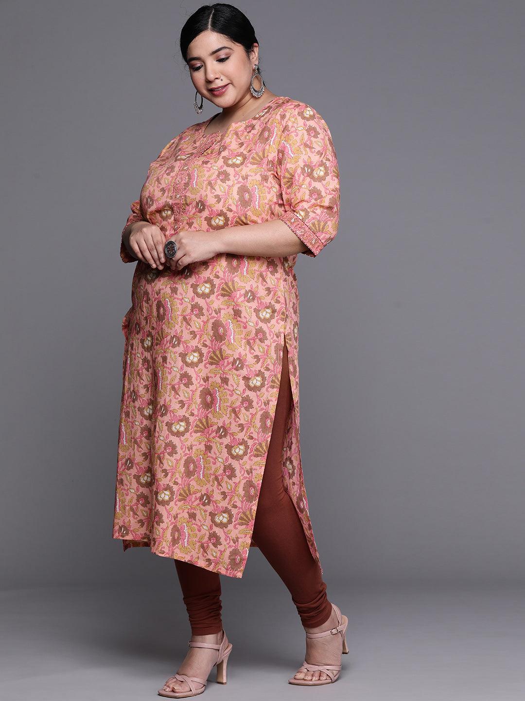 Plus Size Peach Printed Cotton Kurta - Libas 