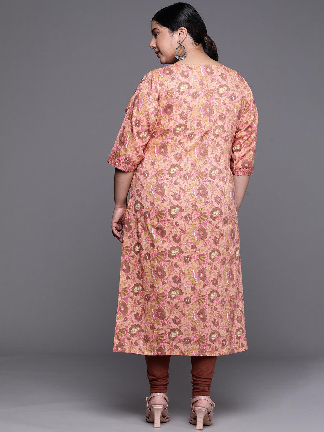 Plus Size Peach Printed Cotton Kurta - Libas 