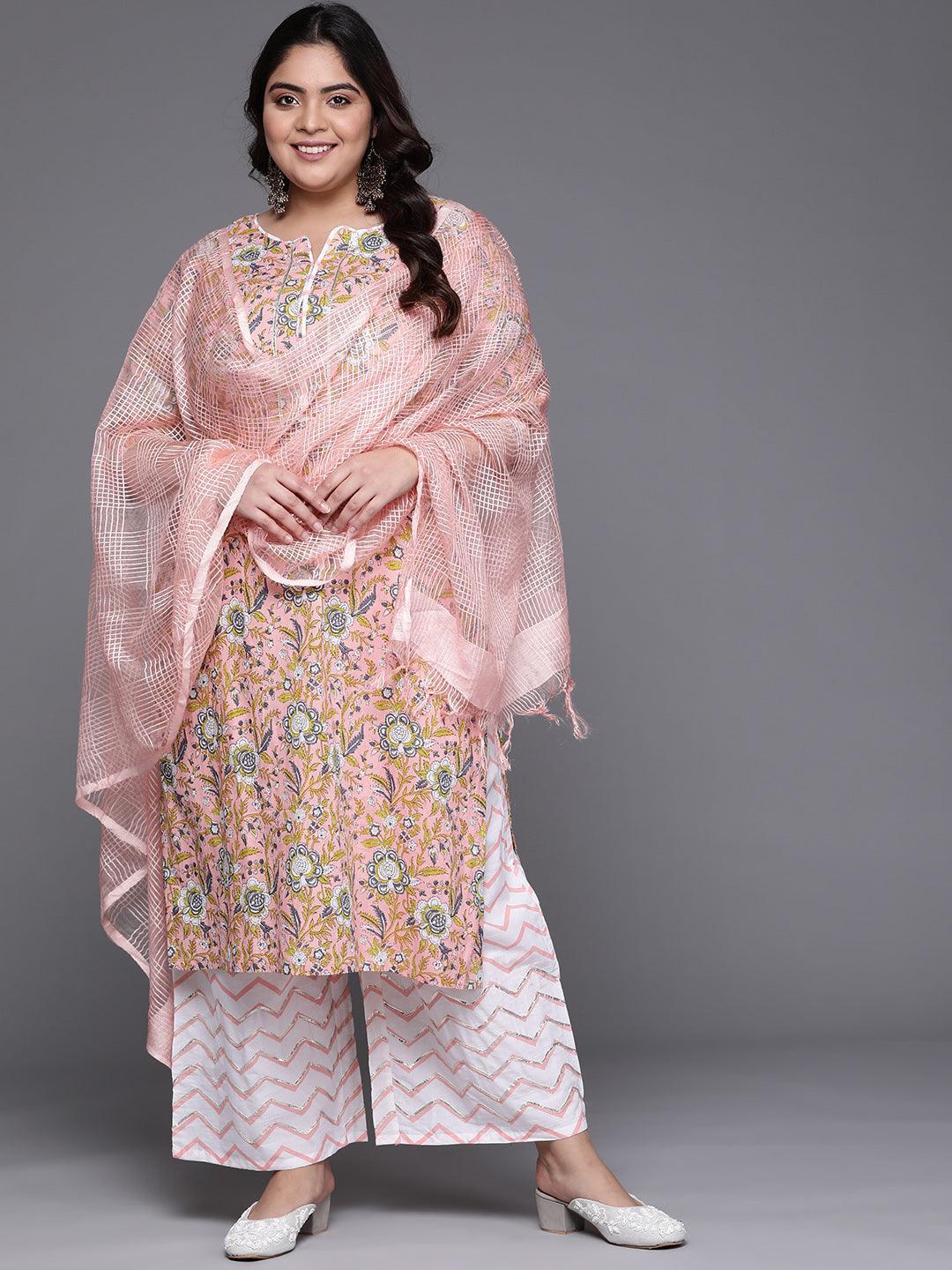 Plus Size Peach Printed Cotton Suit Set - ShopLibas