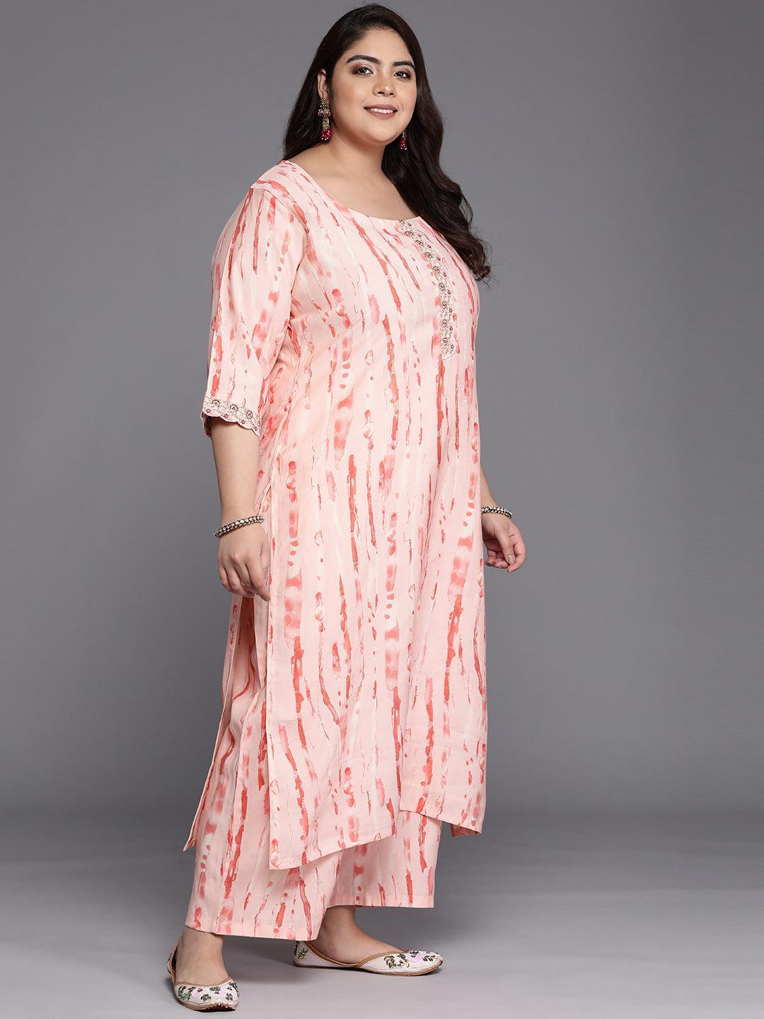 Plus Size Peach Printed Silk Blend Straight Suit Set - Libas 
