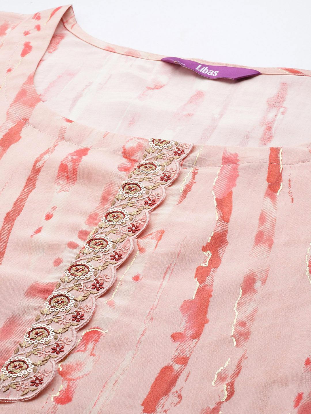 Plus Size Peach Printed Silk Blend Straight Suit Set - Libas 
