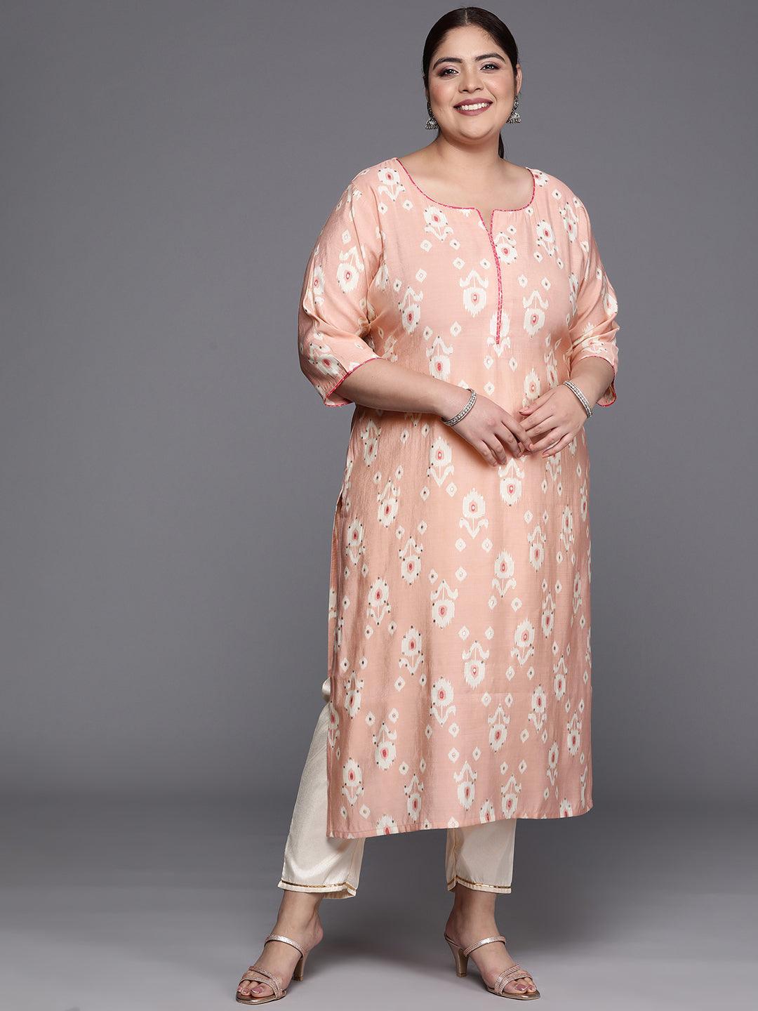Plus Size Peach Printed Silk Straight Kurta - ShopLibas