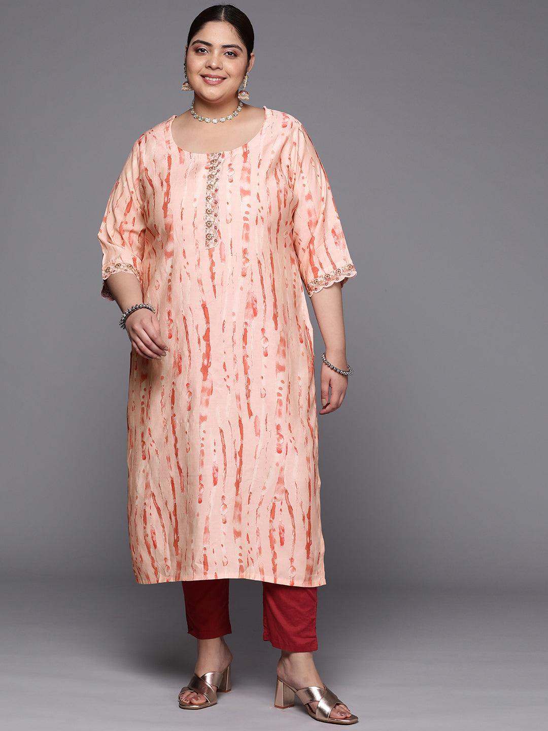Plus Size Peach Printed Silk Straight Kurta - ShopLibas