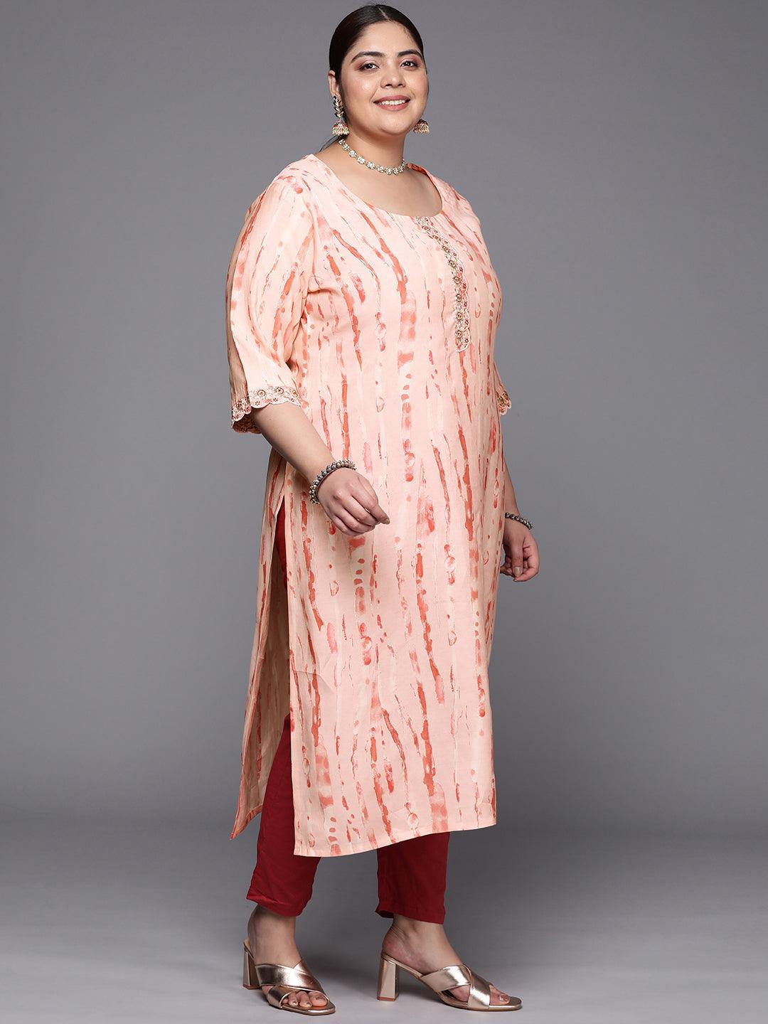 Plus Size Peach Printed Silk Straight Kurta - ShopLibas 