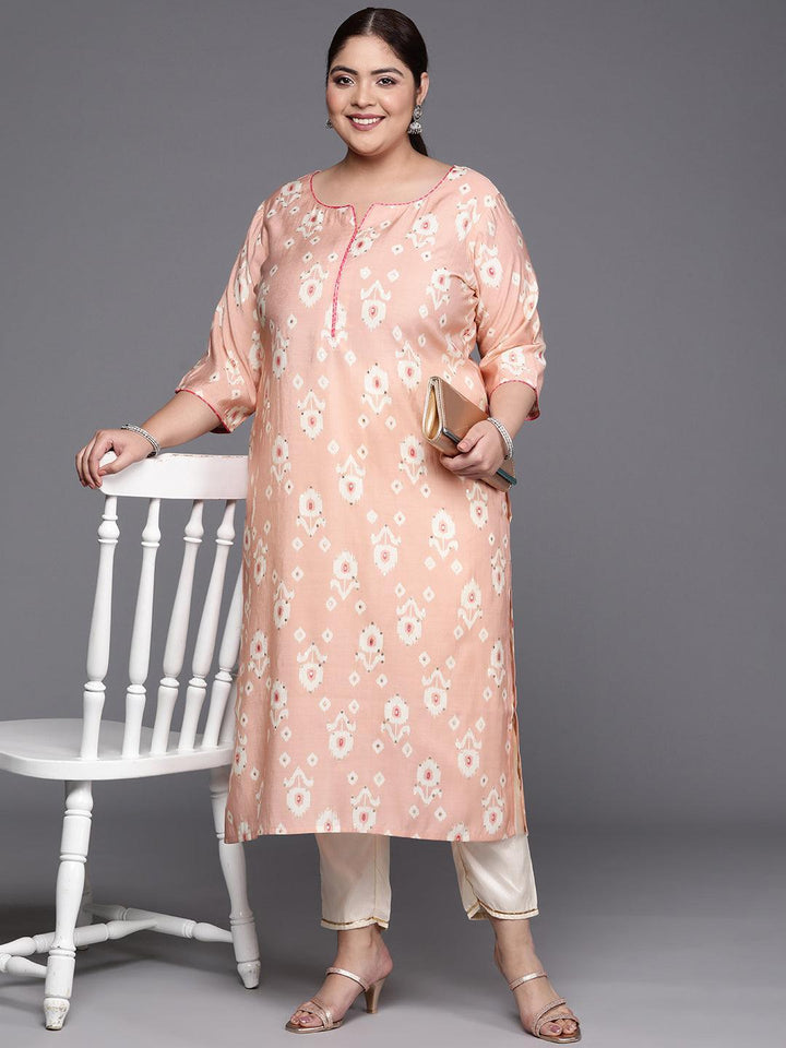 Plus Size Peach Printed Silk Straight Kurta - ShopLibas